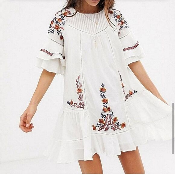 Free People PAVLO White Flutter Orange Floral Embroidered Boho Chic Mini Dress - Picture 2 of 16